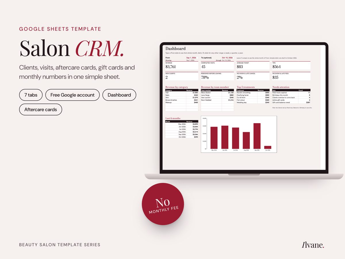 Ilvane salon CRM in Google Sheets